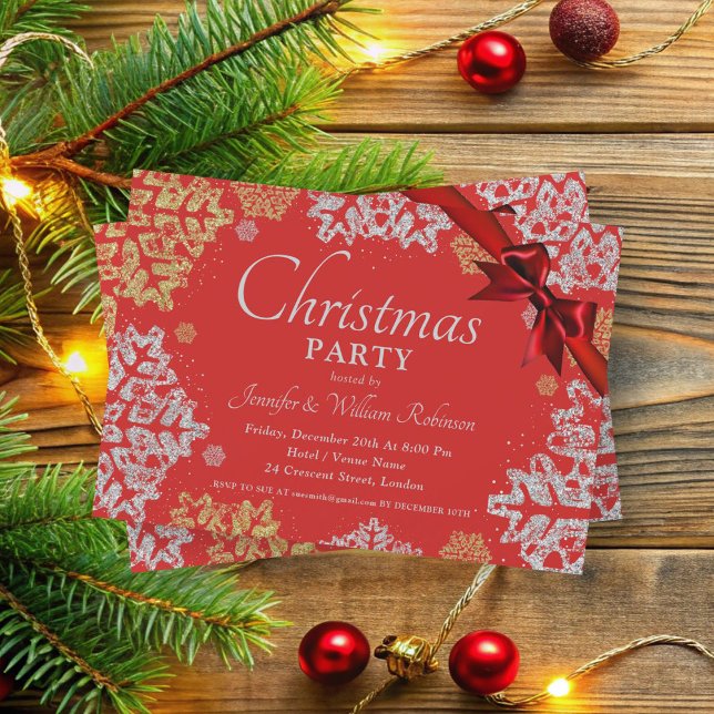 Enkelt Guld & Silver Snöflingor Julafton Helgdag R Inbjudningar (Simple Gold & Silver Snowflakes Xmas Holiday Red Invitation)