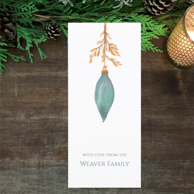 Enkelt handmålat vattenfärgsTurkos jul (Hand painted watercolor turquoise botanical Christmas bauble card. Personalize simple modern script)