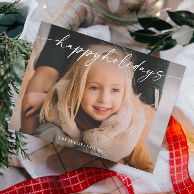 Enkelt Handskrivet Manuskript Foto Julkort (An elegant photo holiday card with modern handwritten happy holidays typographic overlay.)