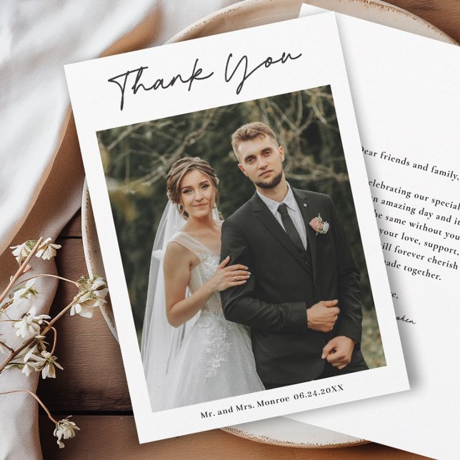 Enkelt handskrivet skript, foto Bröllop Tack Kort (Simple handwritten wedding photo thank you cards.)