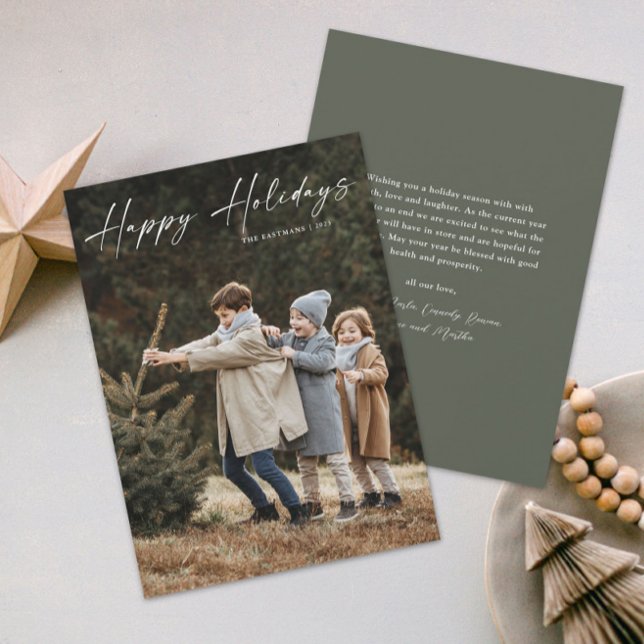 Enkelt handskrivet skript, foto Lycklig Julkort (A simple photo holiday card with handwritten Happy Holidays script typographic overlay.)