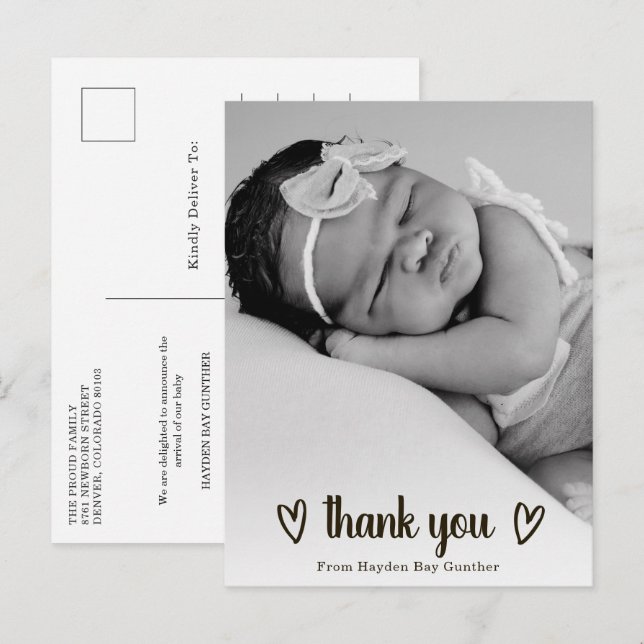 Enkelt Heart Tack Photo Cute Birth Meddelande Vykort (Fram/baksida)