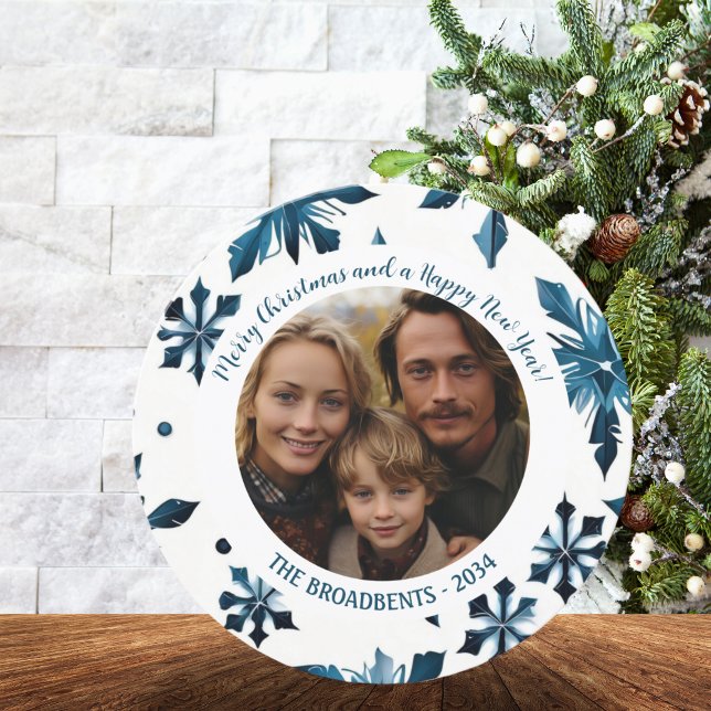 Enkelt Helgdag-foto med blå Snöflingor Julkort (Blue Snowflake Circle Photo  Christmas Card)