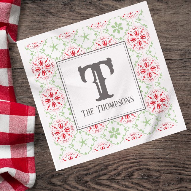 Enkelt Helgdag Snowflake Mönster Monogram Initial Pappersservett (Personalized Christmas monogram napkin with red snowflake pattern.)