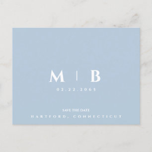 Enkelt Himlar Blue Monogram Bröllop spara datum Vykort