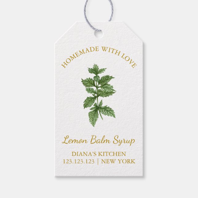Enkelt Homemade Lemon Balm Syrup Häng Märkre l Whi Presentetikett (Framsidan)