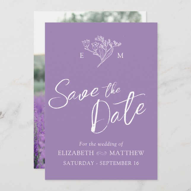 Enkelt jokrosmonogram teckning lila-foto spara datumet (Fram/baksida)