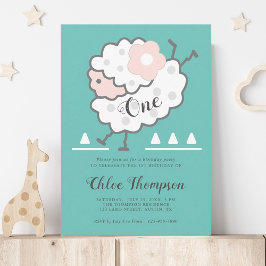 Enkelt jumping Lamb Cyan & White 1:a födelsedag Inbjudningar