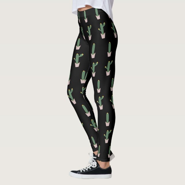 Enkelt kaktus Pot Plant Mönster Black Leggings (Vänster)