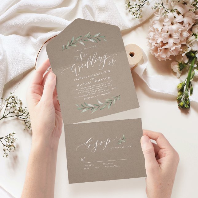 Enkelt kalligrafi av kraftsäcksgrej bröllop (Simple calligraphy kraft rustic greenery wedding all in one invitation)