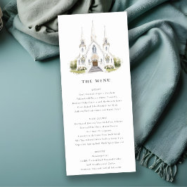 Enkelt katolskt vattenfärgkyrka Bröllop Menu Inbjudningar