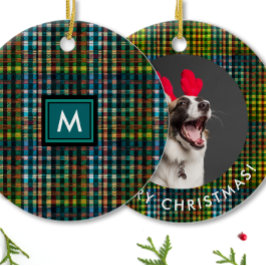 Enkelt klassiskt Grönt Play Tartan Photo Monogram Julgransprydnad Keramik