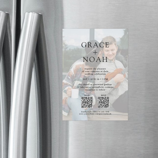 Enkelt klassiskt typografi 2 Foto QR OSA Bröllop Magnetisk Inbjudningskort (Skapare uppladdad)