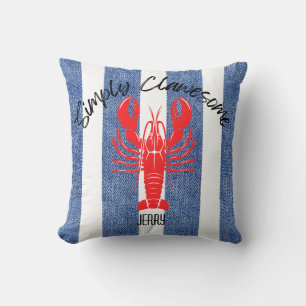 "ENKELT KLORIGT" Red Lobster på Denimränder Kudde