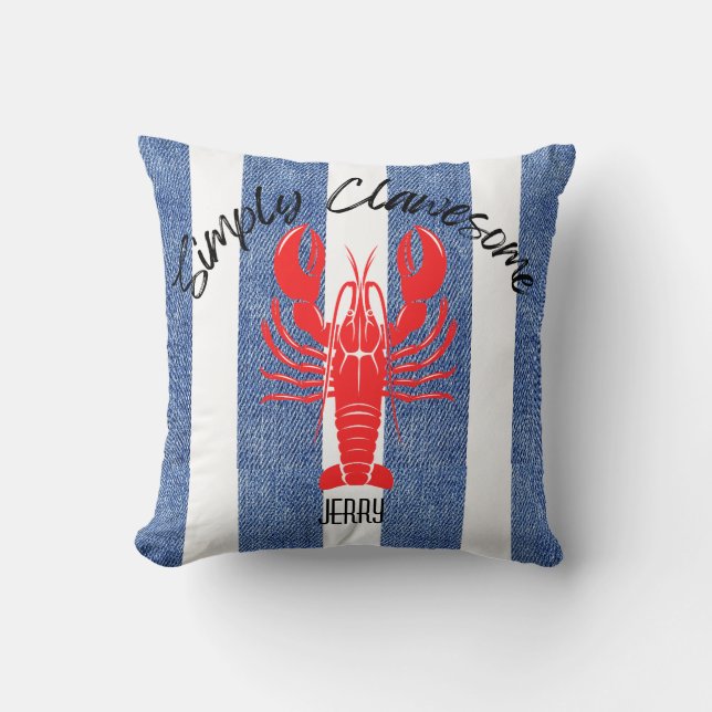 "ENKELT KLORIGT" Red Lobster på Denimränder Kudde (Framsida)