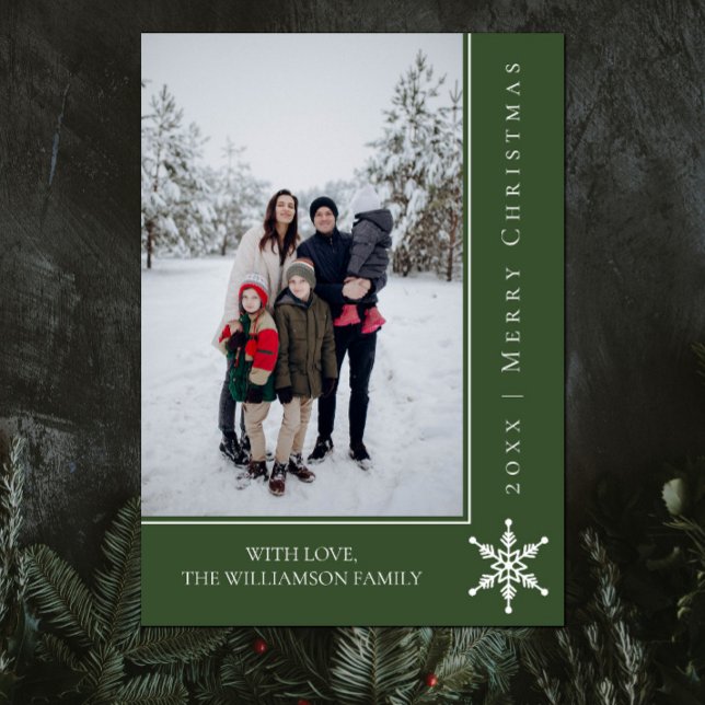 Enkelt kort för julfoto | GRÖNT (Green Simple Snowflake Christmas Photo Card)