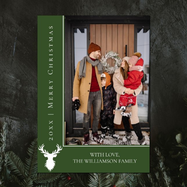 Enkelt kort för julfoto | GRÖNT (Green Simple Reindeer Christmas Photo Card)