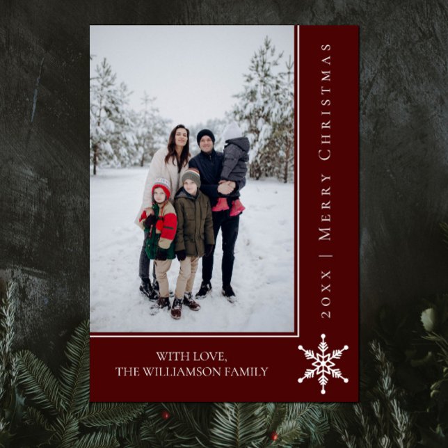 Enkelt kort för julfoto | Röd (Red Simple Snowflake Christmas Photo Card)