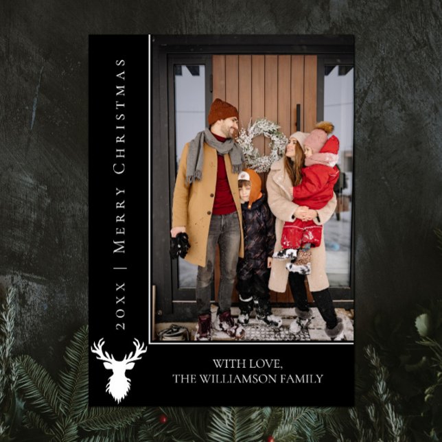 Enkelt kort för julfoto | Svart (Black Simple Reindeer Christmas Photo Card)
