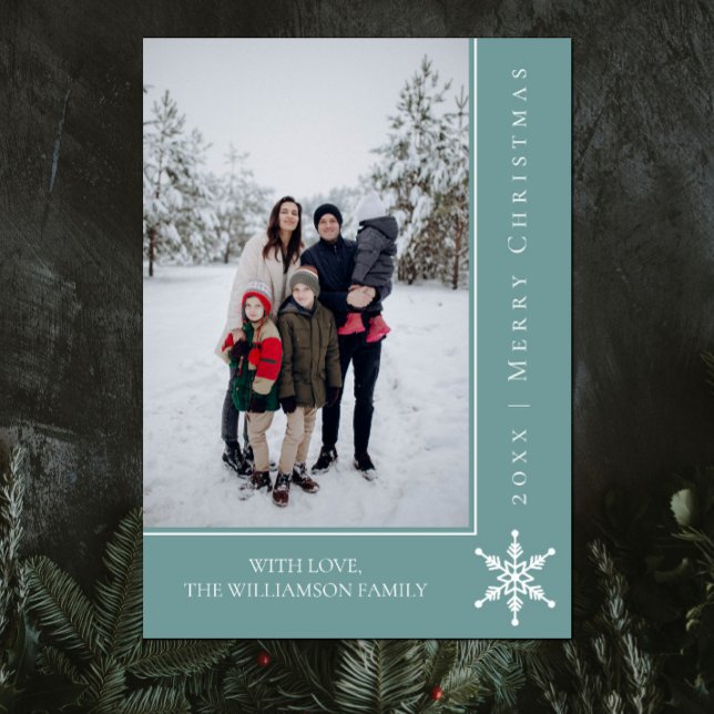 Enkelt kort för julfoto | Teal (Teal Simple Snowflake Christmas Photo Card)