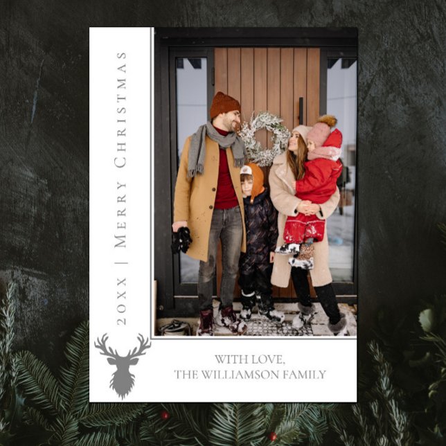 Enkelt kort för julfoto | Vit (White Simple Reindeer Christmas Photo Card)