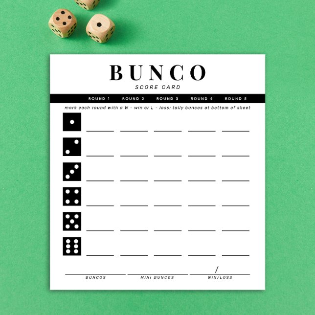 Enkelt kort för svartvitt, fyra runda Bunco-poäng (black and white Bunco dice game score card)