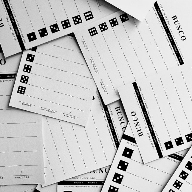 Enkelt kort för svartvitt och fem runda Bunco-poän (black and white modern and simple bunco scoring sheets)