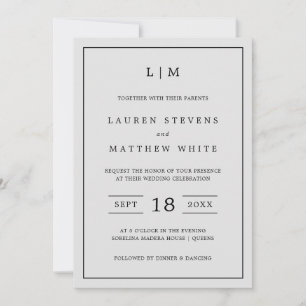 Enkelt lätt Grått Monogram Elegant bröllop Inbjudningar