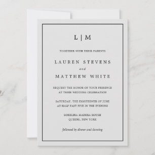 Enkelt lätt Grått Monogram Elegant bröllop Inbjudningar