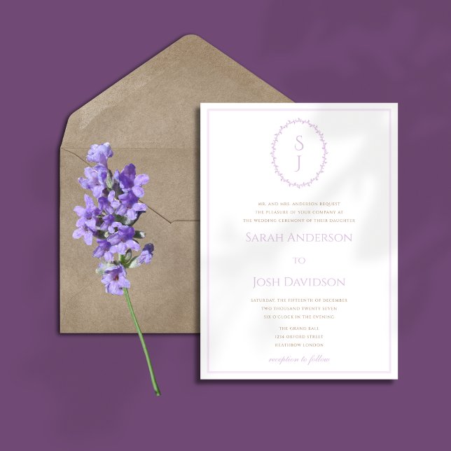 Enkelt Lavender Monogram Bröllop Inbjudningar (Skapare uppladdad)