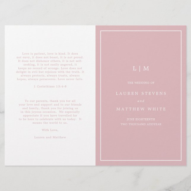 Enkelt Ljust rosa Monogram Elegant bröllop-program (Framsida)