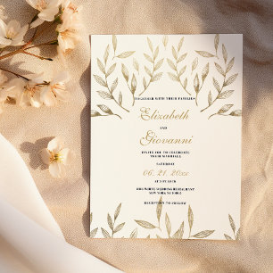 Enkelt lyxvit guld blad blommigt bröllop inbjudningar