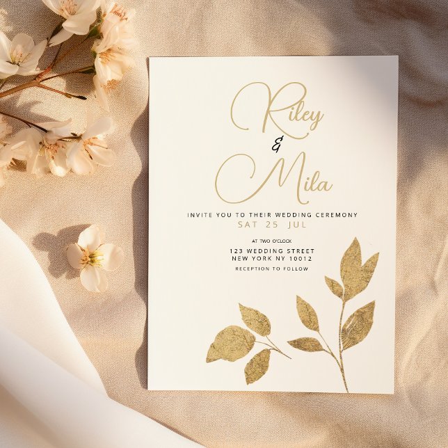 Enkelt lyxvit guld blad Bröllop Inbjudningar (Simple luxury white gold foliage Wedding)