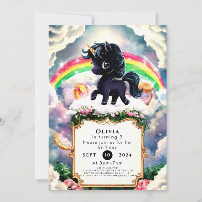 Enkelt Magic Black Unicorn Birthday Inbjudningar (Framsida)