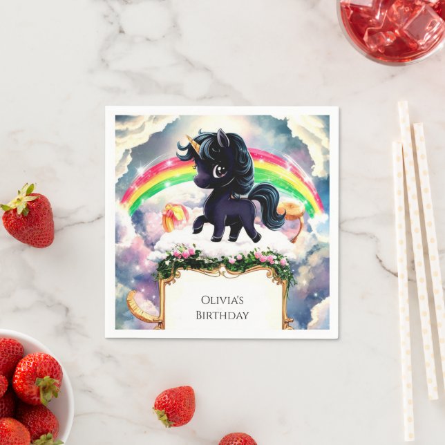 Enkelt Magic Black Unicorn Birthday Pappersservett (Insitu)