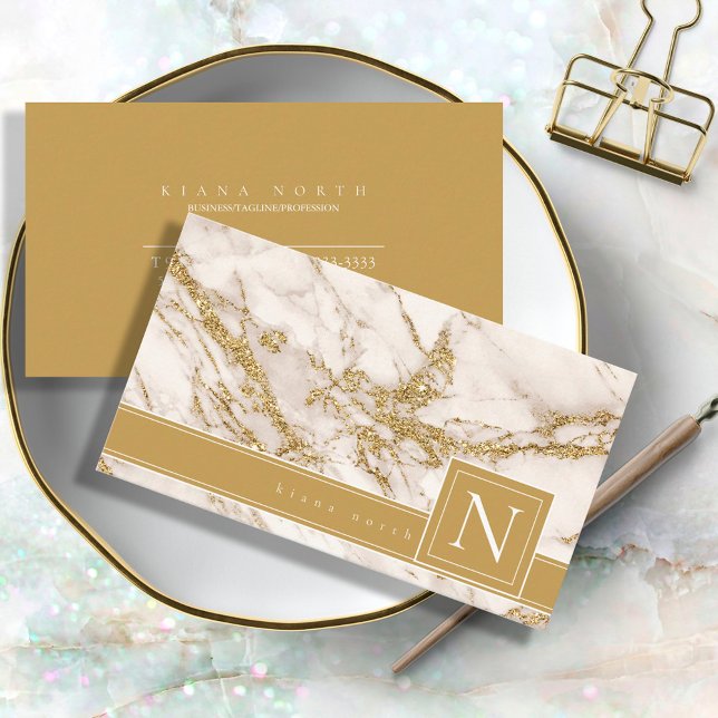 Enkelt Marble Monogram Black/Guld Std ID672 Visitkort (Skapare uppladdad)