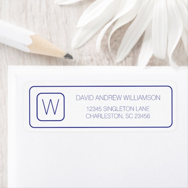 Enkelt marint blått och vitt monogram returadress etikett (Insitu)