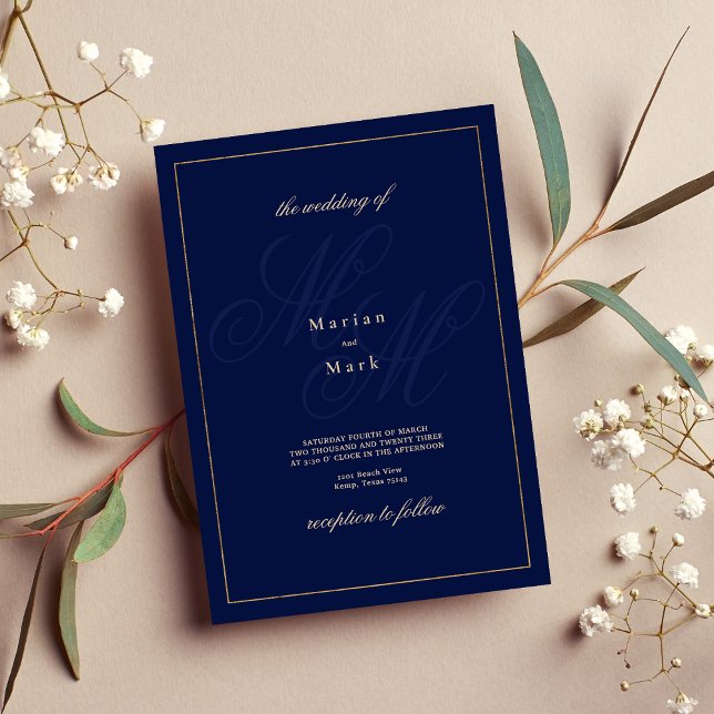 Enkelt marint guld monogram initialer Bröllop Inbjudningar (Simple navy blue gold monogram initials Wedding )