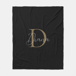 Enkelt Midnight Black Mossy Guld-skript Monogram Fleecefilt