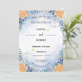 Enkelt minimalistiskt blått Gult Blommigt Bröllop Inbjudningar