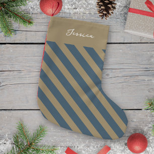 Enkelt minimalistiskt blått och Beige stripe Liten Julstrumpa