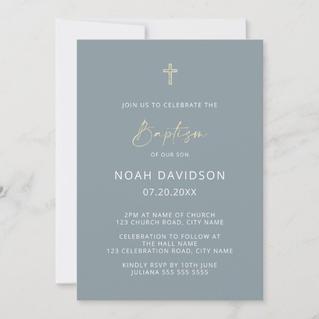Enkelt minimalistiskt blått och Guld Kor-baptism Inbjudningar (Framsida)