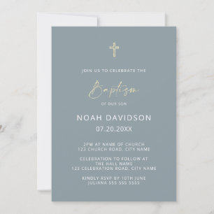 Enkelt minimalistiskt blått och Guld Kor-baptism Inbjudningar