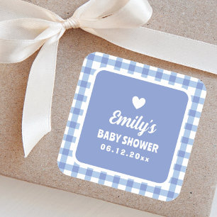 Enkelt minimalistiskt Blue Gingham Boy Shower Fyrkantigt Klistermärke