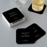Enkelt minimalistiskt elegant svart bröllop underlägg papper kvadrat<br><div class="desc">Elegant: enkel papper svartvit bröllop-underlägg snyggtar för dekorering med ett kalligrafiskt skript för chic av klassmodell för trendig. Enkel att anpassa med dina uppgifter! Lämplig för formell svartvit neutralt bröllop. Observera att bakgrunden till färg kan ändras för att matcha bröllop-färg-schemat. Du kan ändra den när du har valt alternativet PERSONALIZE....</div>