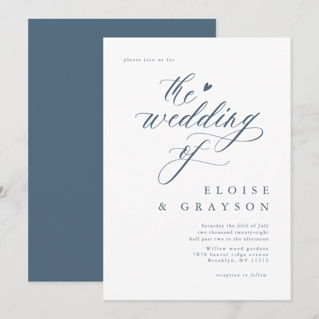 Enkelt minimalistiskt, modernt, blått Bröllop Inbjudningar (Fram/baksida)