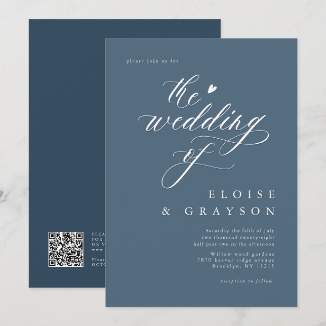 Enkelt minimalistiskt, modernt, blått Bröllop Inbjudningar (Fram/baksida)