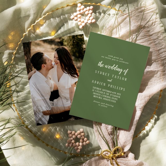 Enkelt minimalistiskt|Mörk Sage Photo Bröllop of Inbjudningar (Skapare uppladdad)