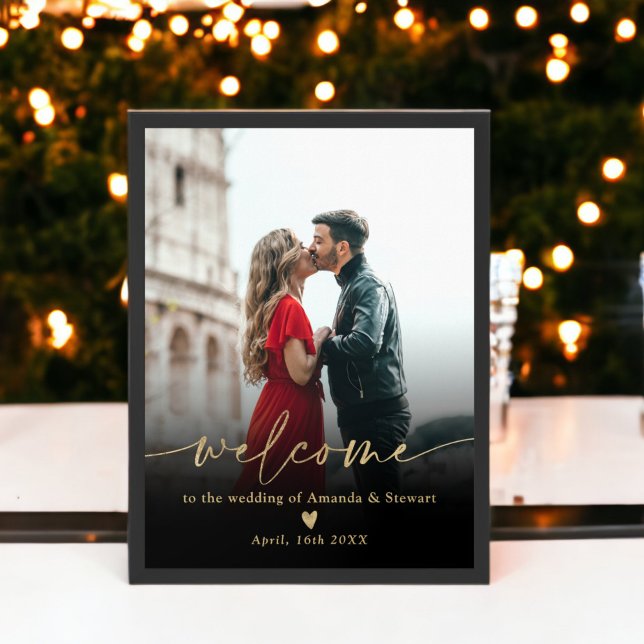 Enkelt, minimalistiskt, svart foto från guld bröll poster (Simple minimalist black gold photo wedding welcome poster)