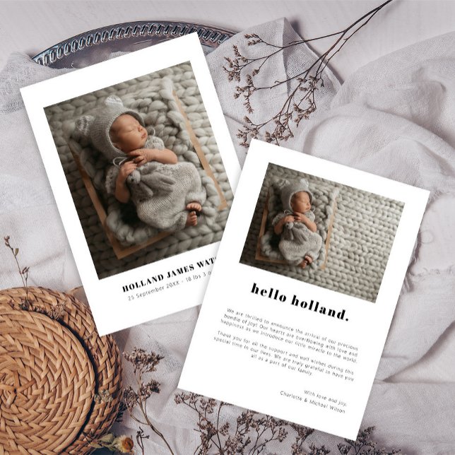 Enkelt minimalistiskt tvåfoto-Baby födelsetal Meddelande (Skapare uppladdad)